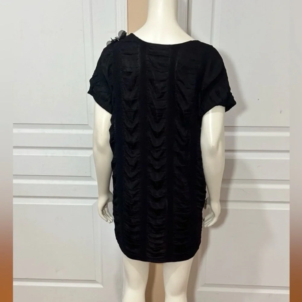 BLACK RUCHED TUNIC MINI DRESS WITH POCKETS ELEGANT CHIC - Picture 4 of 7